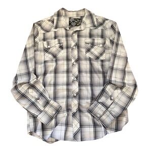 NSS Mens Grey White Plaid Western Pearl Snap Shirt Y2K Skater Vibe Size Large